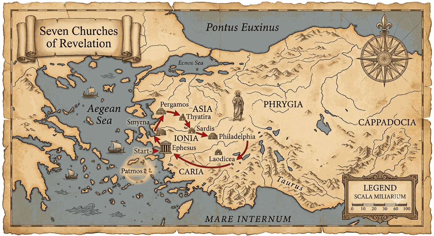 Illustrated antique-style map of the Seven Churches of Revelation, showing the circuit route through Ephesus, Smyrna, Pergamos, Thyatira, Sardis, Philadelphia, and Laodicea in the Roman province of Asia